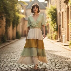 Adelyn Rae Felicia Colorblocked Dress Green Pleated Tiered Maxi S Fairycore